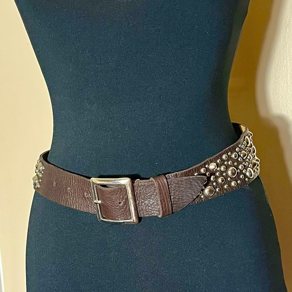Calleen Cordero Leather Belt Silver Studded Wide Brass Buckle Y2K 32 Designer